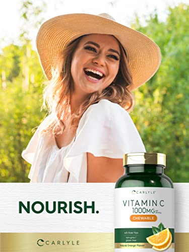 Vitamina C Mastigável | 1000mg | 180 Comprimidos Mastigáveis | Vegetariano, Não-OGM, Suplemento Livre de Glúten - Carlyle