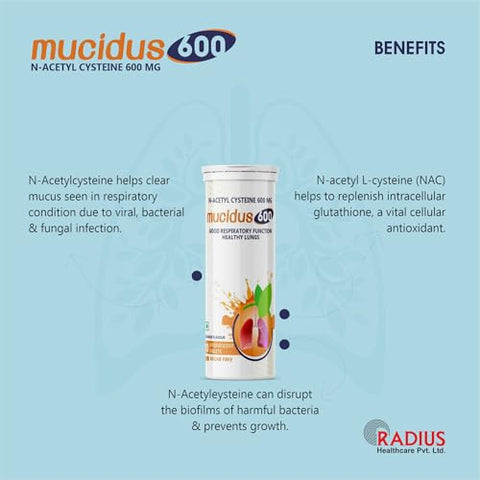 Radiplex - Mucidus – Comprimidos Efervescentes de N-Acetilcisteína 600 mg – Antioxidante para Saúde Pulmonar, Desintoxicação do Fígado, Cuidados com a Pele | Sem Açúcar | para Homens