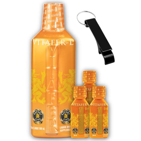 Suplementos AMC para Homens e Mulheres. 1 de (500 ml – 16.9 oz) com 3 Vitachito Gold (20ml – 0.67oz) Tamanho de Bolso com Brinde de Chaveiro Abre-Garrafa AMC - Vitafer-L Gold
