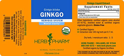 Extrato Líquido de Ginkgo Orgânico Certificado para Memória e Concentração – 120 ml - Herb Pharm