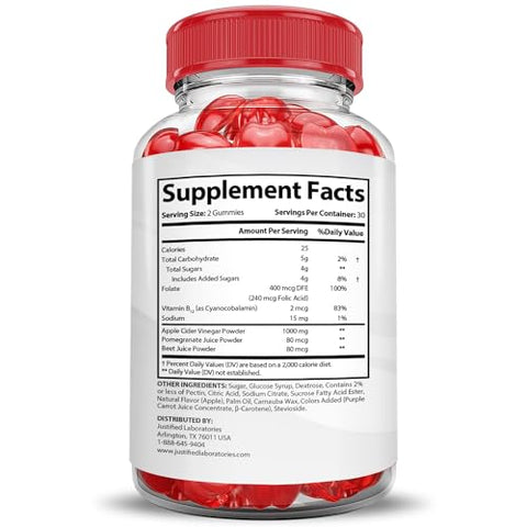 Justified Laboratories - (2 Pacotes) Gomas Ketosyn Keto ACV Fórmula Avançada 1000MG Gomas Ketosyn Keto Vinagre de Maçã Formulado com Pó de Romã e Beterraba B12 Vegano Não GMO 120 Gomas