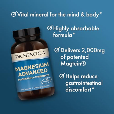 Magnésio Avançado, 30 Porções (90 Cápsulas), Suplemento Alimentar, Magnésio L-Treonato, Não-OGM - Dr. Mercola