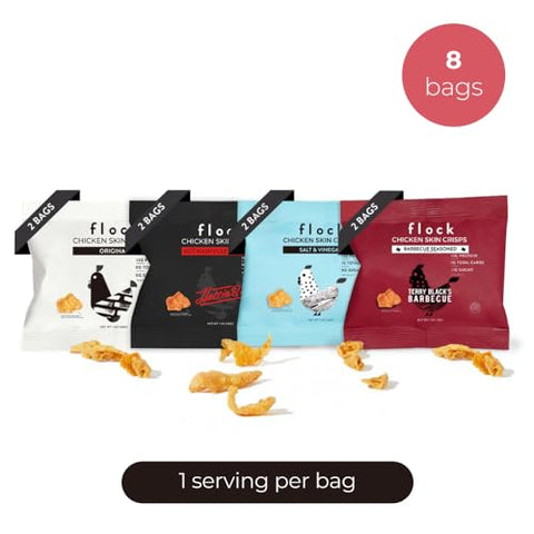 Keto – Pacote com 4 Sabores de Chips de Pele de Frango | Baixo Carboidrato, Alto Teor de Proteína, Sem Açúcar, Sem Glúten | Chips de Frango Crocantes para Pessoas | 8-Pack (28g) - Flock