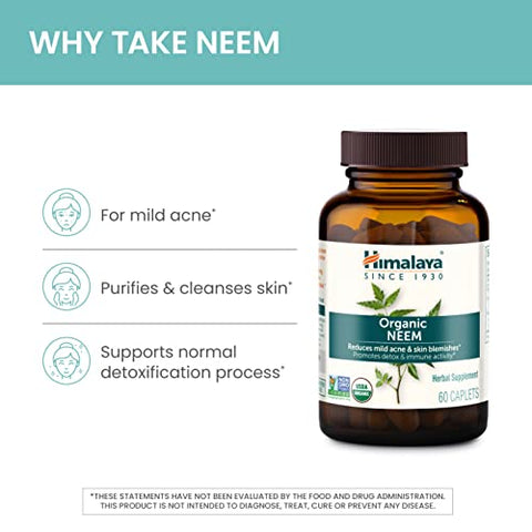 Neem Orgânico Suplemento Herbal para Pele, Suave para Acne, Pele Limpa, Purificante, Ayurvédico, Certificado Orgânico USDA, Não-OGM, Vegano, 600 mg, 60 Cápsulas à Base de Plantas - Himalaya