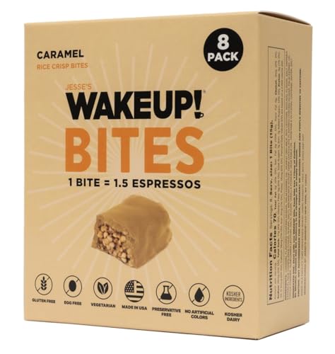 Jesse's WakeUP! - WAKE UP! Bites de Proteína Caramelada Cafeinada – Sem Glúten, Vegetariano, 175mg de Cafeína (1 Bite = 1,5 Espressos) – Aumenta o Foco e a Clareza – Ingredientes Kosher – 8 Pacotes