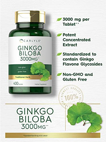 Ginkgo Biloba 3000mg | 400 Comprimidos | Sem OGM, Livre de Glúten  Carlyle - Carlyle