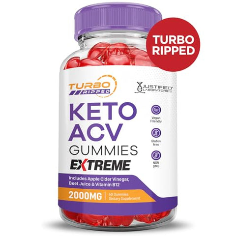Justified Laboratories - (3 Pacotes) Gomas Turbo Ripped Keto ACV Extreme 2000MG Turbo Ripped Keto Gomas Vinagre de Maçã Formuladas com Suco de Romã em Pó B12 Vegano Não GMO 180 Gomas