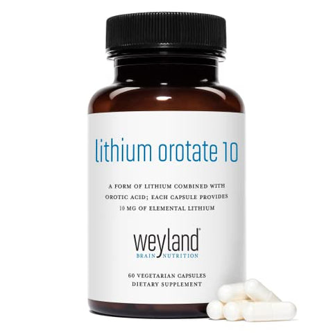 Weyland Brain Nutrition - Lithium Orotate 10mg (1 Frasco), 60 Cápsulas Vegetarianas, Suporte para Humor, Comportamento, Memória e Bem-Estar