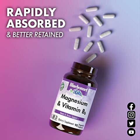 Bluebonnet - BlueBonnet Magnesium Plus B-6 Cápsulas Vegetarianas, 90 Unidades – 100% Natural e Vegano