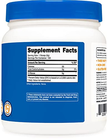 D-Ribose em Pó 500 Gramas – 5000mg por Porção, Não-OGM (500g – 3 Pacotes) - Nutricost