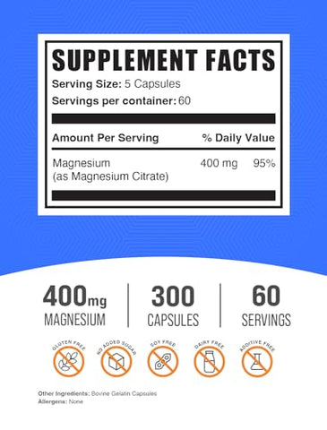 com Cápsulas de Citrato de Magnésio – Suplemento de Magnésio, 400mg – Cápsulas de Magnésio, Livre de Glúten – 5 Cápsulas por Porção, 300 Cápsulas (Pacote de 1) - BulkSupplements