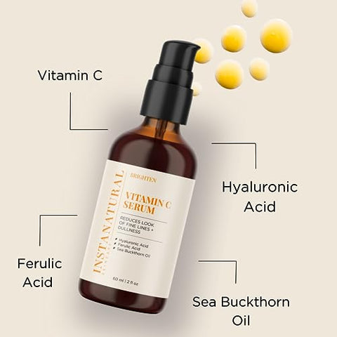 Serum Facial de Vitamina C, Ilumina, Hidrata e Reduz Sinais de Envelhecimento, com Vitamina C, Ácido Hialurônico e Ferúlico, 60 ml - InstaNatural