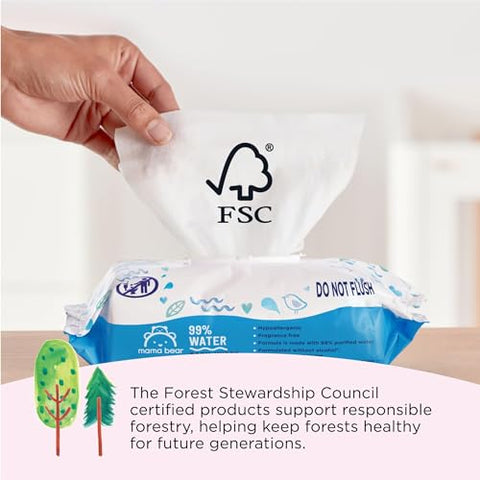 Amazon Brand – Mama Bear Lenços Umedecidos à Base de Água 99%%, Hipoalergênicos para Pele Sensível, Sem Fragrância, 432 Unidades (6 Pacotes de 72)