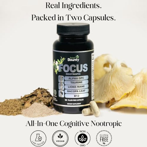 Inner Bounty - Focus Suplemento Cérebro 14 em 1 com Lion’s Mane, Alpha GPC Colina, Vitamina C – 60 cápsulas