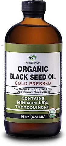 Óleo de Semente Preta Orgânico HalalEveryDay – Certificado pelo USDA, Extraído a Frio em Frasco de Vidro 473ml – Mais de 1,5%% de Timoquinona, Cominho Preto Turco Nigella Sativa não-OGM, 100%% Puro Óleo de Semente Preta