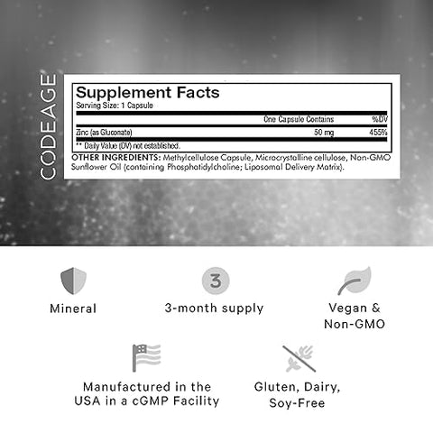 Liposomal Zinc – Suplemento de Zinco 50 mg – 3 Meses de Fornecimento – Entrega Lipossomal – Matriz de Entrega Lipossomal – Vegano - Codeage