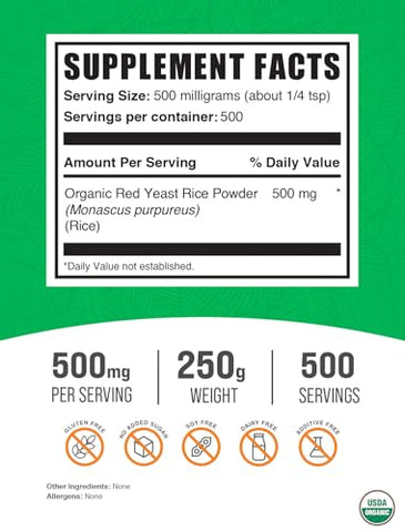 com Pó de Arroz de Levedura Vermelha Orgânica – Suplemento de Arroz de Levedura Vermelha para a Saúde do Coração – Vegano, 500mg por Porção, 250g (Pack de 1) - BulkSupplements
