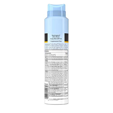 Ultra Sheer Body Mist Protetor Solar Spray FPS 45, Leve, Não Oleoso – 118 ml - Neutrogena
