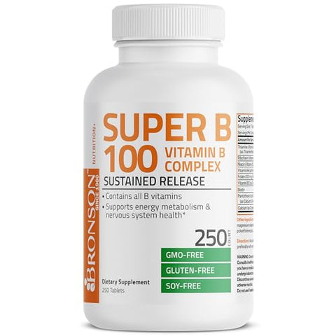 Super B 100 Complexo de Vitamina B de Liberação Sustentada Contém Todas as Vitaminas B (Vitamina B1, B2, B3, B6, B9 – Ácido Fólico, B12) Suporta o Metabolismo Energético – 100% Natural e Potente - Bronson