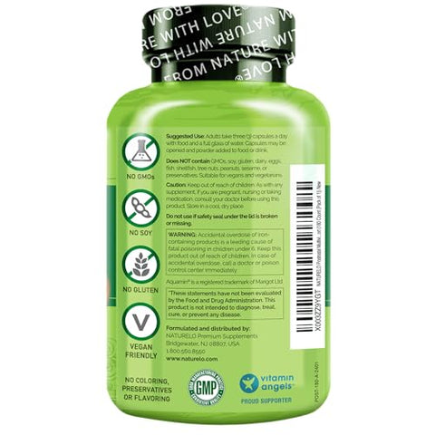 Postnatal Multivitamínico – Vitamina D à base de plantas, Ácido Fólico, Ferro Suave – Suporte pós-natal para lactação – Mãe que amamenta, Bebê – 180 cápsulas - NATURELO