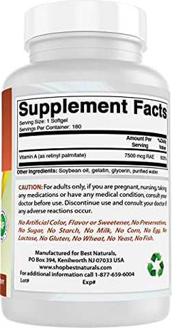 Best Naturals - Melhor Naturals Vitamina A 25000 UI (7500 mcg), Fórmula Não-OGM Suporta Visão Saudável