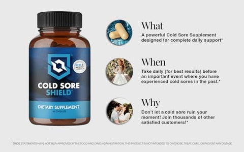 Cold Sore Shield - Suplemento Diário para Feridas Frias com L-Lisina | Não deixe uma ferida fria arruinar o seu momento | Tome diariamente | 60 unidades | Fabricado nos EUA