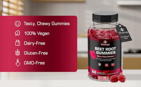 VITAMIZED - Gummies de Beterraba Potente 1000mg – Suplemento de Óxido Nítrico – Mastigáveis de Beterraba com Semente de Uva