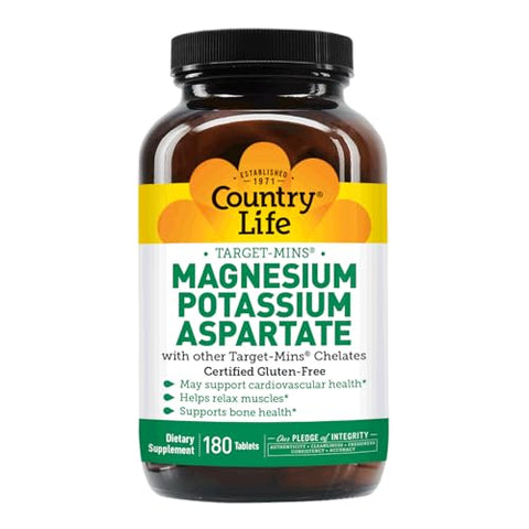 Suplemento de Magnésio e Potássio para Saúde do Coração, Suporte Cardiovascular, Sistema Imunológico e Saúde Óssea, Livre de Glúten - Country Life