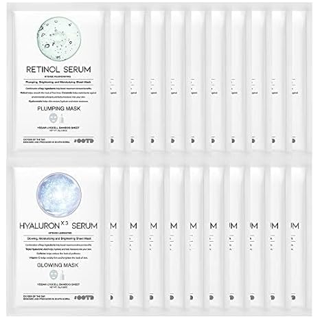 OOTD - Retinol Hyaluron Serum Korean Sheet Mask Gift Pack 20 Unidades – Máscara Facial Hidratante, Rejuvenescedora e Iluminadora