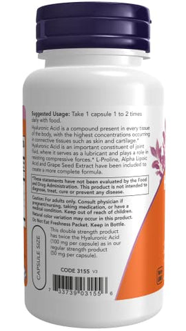 NOW Foods - Hyaluronic Acid 100mg – 60 VegiCaps (2 Embalagens) | Ácido Hialurônico 100mg – Cápsulas Vegetais | Marca em Destaque