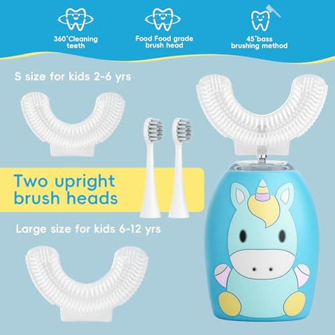 WKSHUNLI - Escova de Dentes Elétrica Infantil, U Shaped com 4 Cabeças de Escova, Ultrassônica Automática com 2 Modos para Idade de 2-12 Anos, Escova de Dentes Completa à Prova d’Água IPX7