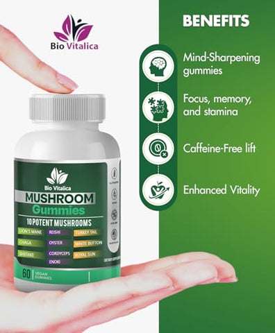 Gomas de Cogumelo – Gomas de Leão para Adultos com Complexo de 10 Cogumelos Reishi, Chaga, Cordyceps, Turkey Tail – 60g - BIO VITALICA