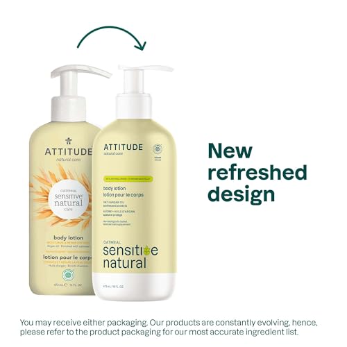 Loção Corporal ATTITUDE para Pele Sensível com Aveia e Óleo de Argan, Verificado pelo EWG, Testado Dermatologicamente, Vegano, 473 ml