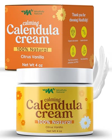 Mindfully Natural - Creme de Calêndula com Aloe Vera Orgânica – Creme de Calêndula para Rosto e Corpo – Loção Infantil Pós-Sol para Alívio de Queimaduras Solares e Condições Leves da Pele (Leve…)