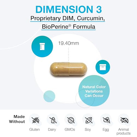 DIMension 3 – Suplemento de Diindolilmetano DIM com Curcumina BioPerine – Suporta a Desintoxicação Saudável de Estrogênio, Equilíbrio Hormonal para Mulheres e Homens – Alívio da Menopausa TPM - XYMOGEN
