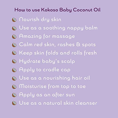 Kokoso - Óleo de Coco Orgânico para Bebês – Hidratante 100% Natural para Massagem, Pele Seca, Sensível e Normal do Bebê – 168g