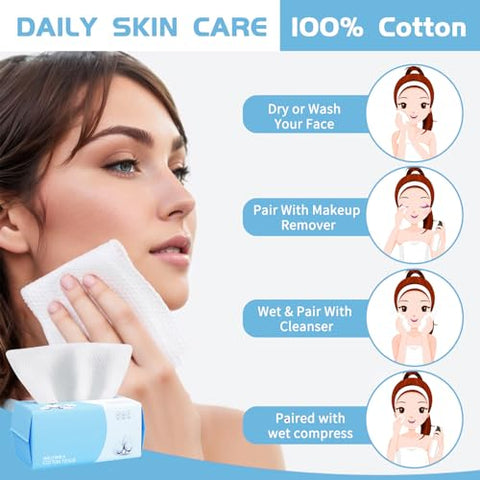 Rouceyxin - 4 Pacote de Lenços Faciais de Algodão Secos 100 Unidades, Toalha Descartável de Algodão para Limpeza Profunda, Multiuso para Cuidados com a Pele, Lenços Removedores de Maquiagem, Lenços Faciais e Limpeza Facial (400g)