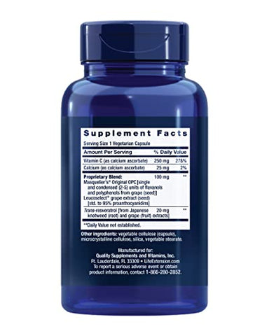 Extrato de Semente de Uva 100 mg – Extratos de Plantas Antioxidantes com Vitamina C, Cálcio, Extrato de Semente de Uva, Trans-Resveratrol – Mistura de Polifenóis – Sem Glúten, Não-OGM – 100% Natural - Life Extension