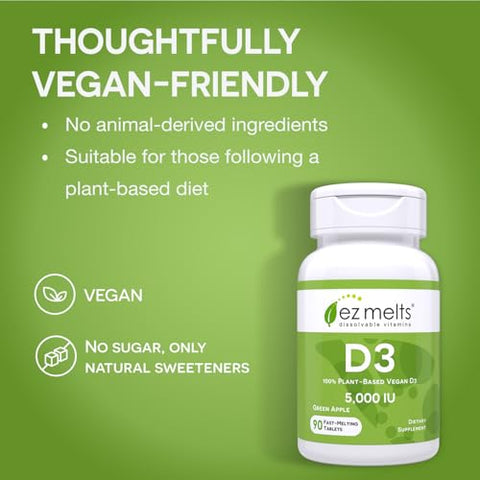 Vitamina D3 5.000 UI, Dissolvível, Sem Açúcar, 3 Meses de Fornecimento - EZ Melts
