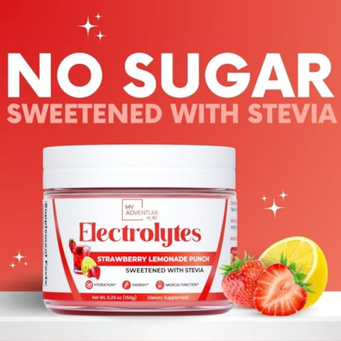 My Adventure to Fit - Zero Sugar – Pó de Eletrólitos de Limonada de Morango – Hidratação Refrescante – Energia Livre de Cafeína – Ingredientes Naturais – Vegano, Keto