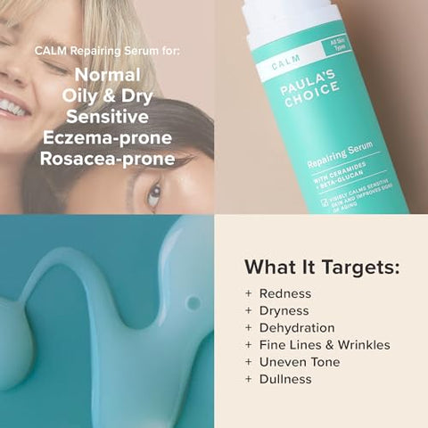 Paula's Choice - Paula’s Choice CALM Repairing Serum para Pele Sensível, Acalma Vermelhidão, Hidratação Leve com Ácido Hialurônico para Todos os Tipos de Pele, 30 ml