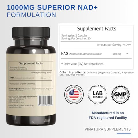 VINATURA - Suplemento NAD 1000 mg – Puro NAD para Rejuvenescimento
