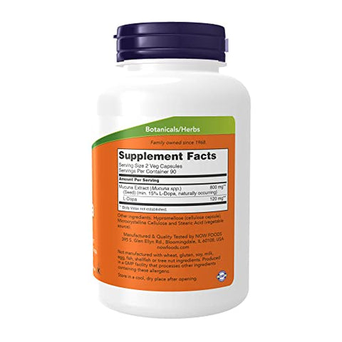 Supplements, DOPA Mucuna: Extrato Padronizado de Mucuna com 15%% Natural de L-Dopa, 180 Cápsulas Vegetais - NOW Foods