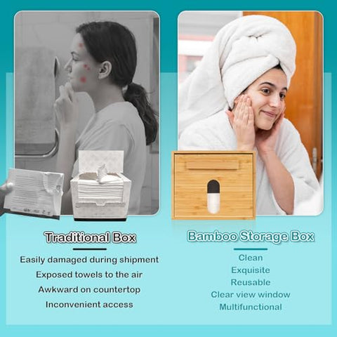 Tohiasen - Toalha Facial Descartável XL Armazenada em Caixa de Bambu de Luxo, Lenços Faciais Descartáveis com 50 Unidades, Toalha Facial 100%% Algodão, Pano Removedor de Maquiagem e Lenços Secos para Limpeza Facial