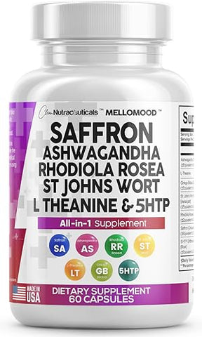Clean Nutraceuticals - Clean Saffron Supplements com Ashwagandha 8000mg – Suporte ao Humor com L-Theanine 200mg, Ginkgo Biloba 6000mg, Hipérico 6000mg, Rhodiola Rosea 3000mg