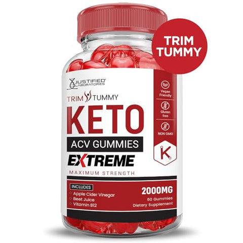 Justified Laboratories - Trim Tummy Keto ACV Gummies Extreme 2000MG – 3 Pack | Gummies de Vinagre de Maçã com Romã e Beterraba | B12 Vegan Non GMO 180 Gummys