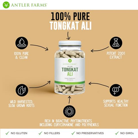 Extrato Puro de Tongkat Ali 200:1, 180 Cápsulas, 500mg – Raízes Envelhecidas de Eurycoma Longifolia da Indonésia – Suporte à Saúde Masculina, Vegano, Sem Glúten, Soja e - Antler Farms