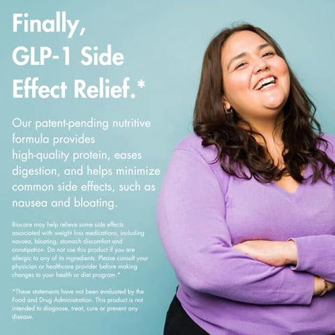 Biocare - Bebida Nutricional para Usuários de GLP-1, Pó Dietético com 20g de Proteína Essencial, 26 Vitaminas/Minerais, Alivia Náuseas, Inchaço, Prisão de Ventre, Morangos