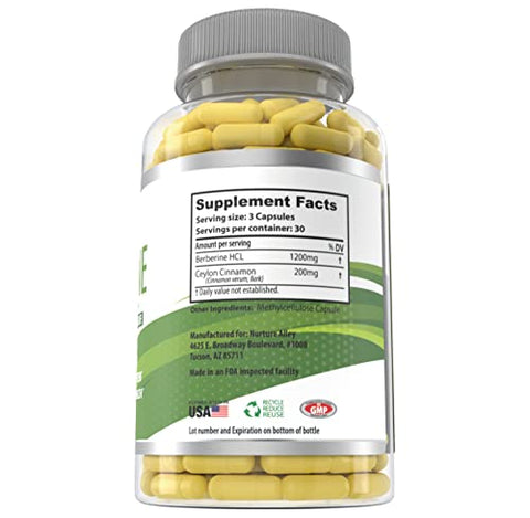 NURTURE ALLEY - Berberine Complex – 1200mg de Berberina HCL + 200mg de Canela Ceylon Orgânica – 90 Cápsulas – Suporte ao Metabolismo, Sistema Imunológico – Suplemento de Berberina HCI