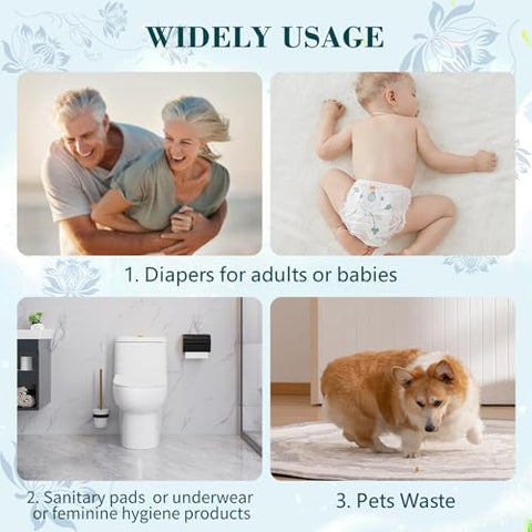 Dergik - Sacolas Descartáveis para Fraldas de Adulto Grandes (45cm x 58cm), 96 Unidades, Perfumadas, Discretas para Descarte de Resíduos de Idosos, Sacos para Lixo de Fraldas de Bebê, Descarte Higiênico em Casa e Viagens, Azul